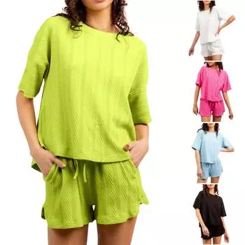 Летний женский однотонный топ с пуговицами и эластичной спинкой, обтягивающие шорты с эластичным поясом, спортивный домашний повседневный комплект из двух предметов XL оранжевый