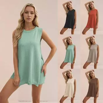 Летний женский однотонный вязаный свободный жилет без рукавов большого размера, повседневный комплект XL чёрный