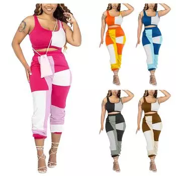 Летний женский однотонный жилет без рукавов с шитьем, повседневные длинные спортивные штаны с эластичной резинкой на талии, свободный комплект из двух предметов в уличном стиле XL синий