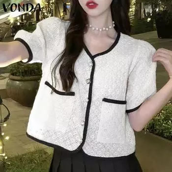 Летний женский пиджак с круглым вырезом и короткими рукавами VONDA с лацканами и небольшим ароматом S белый