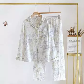 Летний женский пижамный комплект из 100% хлопкового крепа, домашний декор, отложной воротник, напечатанный, длинный рукав, женский комплект M