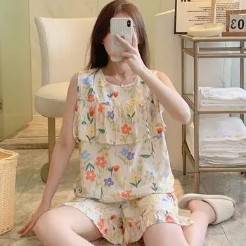 Летний женский пижамный комплект из искусственного хлопка, можно носить на улице, шорты с короткими рукавами, домашняя одежда, тонкий стиль L