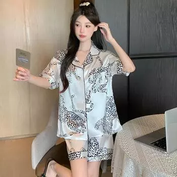 Летний женский пижамный комплект, роскошная атласная шелковая пижама, повседневная домашняя одежда, ночная рубашка для женщин с коротким рукавом, милая мультяшная пижама M