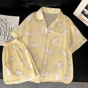 Летний женский пижамный комплект, роскошная атласная шелковая пижама с коротким рукавом, милая мультяшная пижама, повседневная домашняя одежда, ночная одежда для женщин M