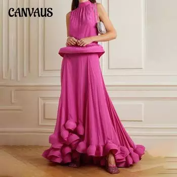 Летний женский плиссированный топ без рукавов с воротником-стойкой, асимметричный костюм с юбкой до середины тела и рюшами S чёрный