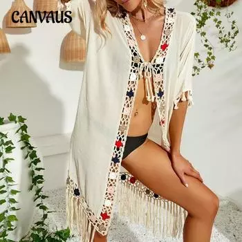 Летний женский пляжный длинный кардиган размера плюс, пляжная толстовка с короткими рукавами и маленьким цветком на крючках, пончо с короткими рукавами и кисточками