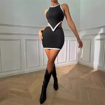 Летний женский повседневный эластичный трикотажный жилет без рукавов с юбкой и запахом S чёрный/белый