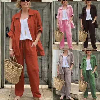 Летний женский повседневный комплект из однотонной рубашки и топа, женский модный топ с длинным рукавом и пуговицами, широкие брюки, комплект из двух предметов XXXXXL