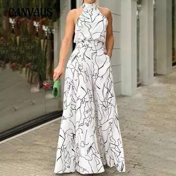 Летний женский повседневный модный комбинезон без рукавов с завязками на талии и принтом M чёрный