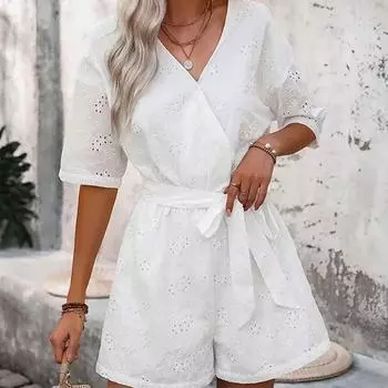 Летний женский повседневный однотонный комбинезон с открытой талией и шнурком S белый