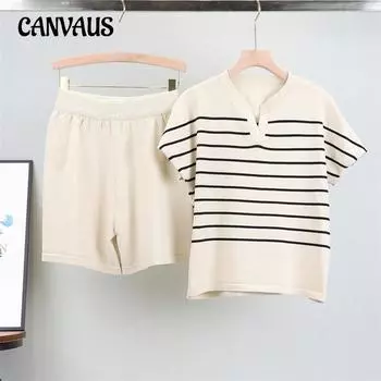 Летний женский повседневный полосатый трикотажный костюм больших размеров с V-образным вырезом, модный, уменьшающий возраст, ленивый ветер, короткий рукав, футболка, шорты, костюм One Size чёрный