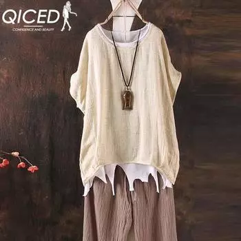 Летний женский повседневный свободный льняной топ QICED S красный