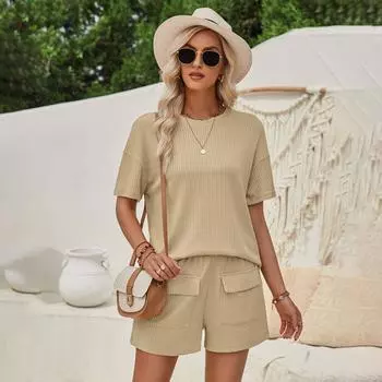 Летний женский повседневный свободный однотонный топ с круглым вырезом и короткими рукавами и шорты S розовый