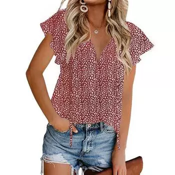 Летний женский повседневный свободный шифоновый топ с короткими рукавами и v-образным вырезом S чёрный