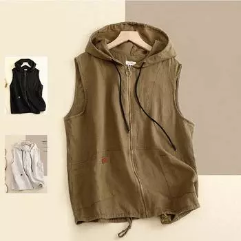 Летний женский повседневный свободный жилет с капюшоном в стиле ретро, короткое пальто XXL чёрный