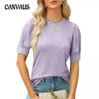 Летний женский повседневный топ с круглым вырезом, вырезом, пуговицами и короткими рукавами S чёрный