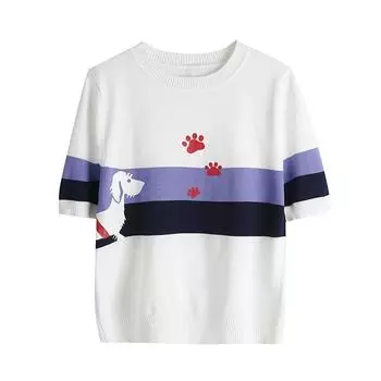 Летний женский принт собака вязаный свитер полосатая футболка пуловер джемпер топы One Size белый