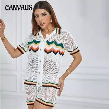 Летний женский прозрачный кардиган с вырезами и лацканами, шорты с высокой талией, вязаный повседневный костюм S белый