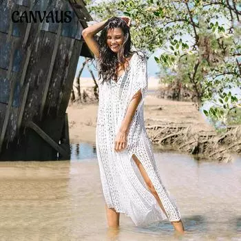 Летний женский пуловер, длинное пляжное платье с вырезом, трикотажный купальник-бикини, накидка One Size белый