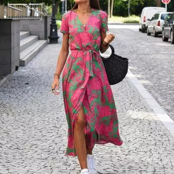 Летний женский пуловер с цветочным принтом, длинное платье без рукавов, женские модные сексуальные платья с высоким разрезом, глубоким V-образным вырезом и узкой талией S красный