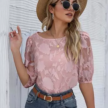 Летний женский пуловер с принтом и рукавами-фонариками, свободная и удобная рубашка S чёрный