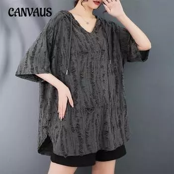 Летний женский пуловер с v-образным вырезом и капюшоном, однотонная футболка размера плюс, свободные топы с короткими рукавами по индивидуальному заказу One Size серый