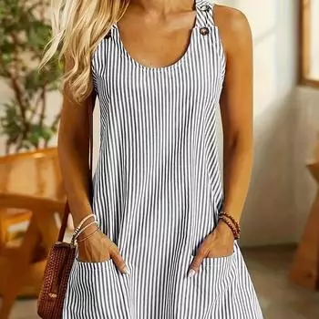 Летний женский сарафан с круглым вырезом, полосатым принтом, без рукавов, карманами, свободными пуговицами, повседневная одежда, мини-платье, короткое платье XXL чёрный