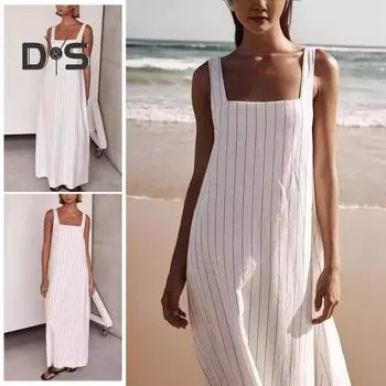 Летний женский сарафан с квадратным вырезом без рукавов в полоску, свободный трапециевидной формы до щиколотки, пляжное платье макси, повседневная одежда, платье макси для свиданий S белый