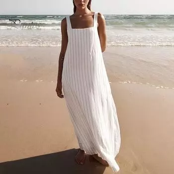 Летний женский сарафан с квадратным вырезом без рукавов в полоску, свободный трапециевидной формы до щиколотки, пляжное платье макси, повседневная одежда, платье макси для свиданий S белый