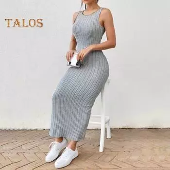 Летний женский сарафан с открытой спиной, узкий, без рукавов, однотонный, эластичный, в полоску, с тонкой талией, с круглым вырезом, вязаное платье макси, длинное платье для отдыха M белый/серый