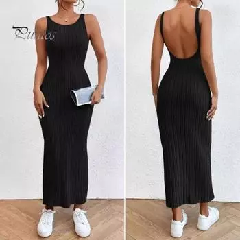 Летний женский сарафан с открытой спиной, узкий, без рукавов, однотонный, эластичный, в полоску, с тонкой талией, с круглым вырезом, вязаное платье макси, длинное платье для отдыха M серый белый