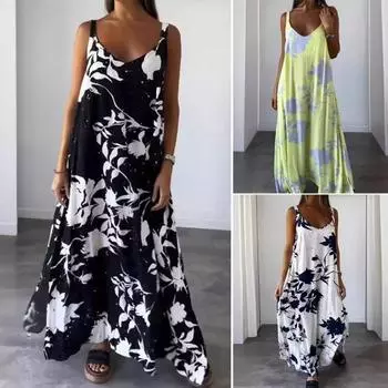 Летний женский сарафан с V-образным вырезом без рукавов и открытой спиной с цветочным принтом Свободный контрастный цвет Повседневный пляжный стиль для отдыха 3XL чёрный
