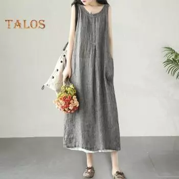 Летний женский сарафан, жилет без рукавов, свободный трапециевидный силуэт, большие качели с круглым вырезом, боковые карманы, длина до середины икры, повседневное повседневное платье миди XL серый