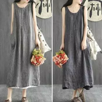 Летний женский сарафан, жилет без рукавов, свободный трапециевидный силуэт, большие качели с круглым вырезом, боковые карманы, длина до середины икры XL серый