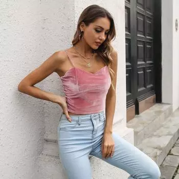 Летний женский сексуальный бархатный камзол с открытой спиной, тонкий однотонный жилет, укороченный топ S розовый