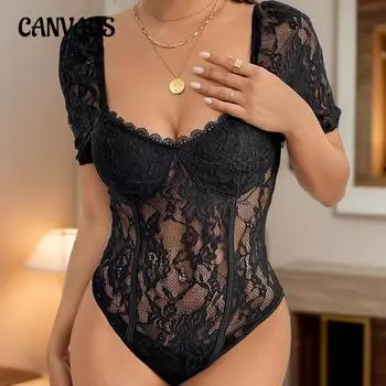 Летний женский сексуальный черный комбинезон с коротким рукавом и квадратным вырезом S чёрный