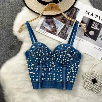 Летний женский сексуальный клубный джинсовый бюстгальтер на бретельках, роскошный бюстгальтер-поло с жемчугом и бисером, облегающее Корректирующее белье для танцев S синий