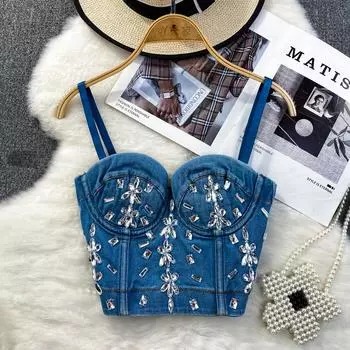 Летний женский сексуальный клубный джинсовый бюстгальтер на тонких бретельках, роскошный бюстгальтер-поло с бисером и бриллиантами для танцев, тонкое корректирующее белье S синий