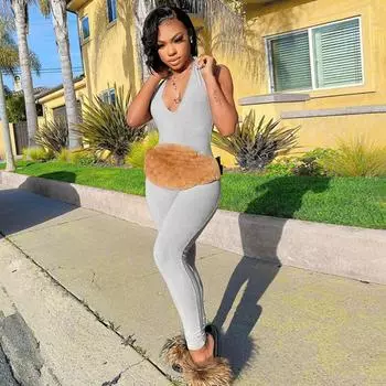 Летний женский сексуальный комбинезон с V-образным вырезом и свисающим вырезом в Европе и Америке M серый