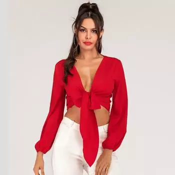 Летний женский сексуальный укороченный топ с повязками, тонкая элегантная однотонная рубашка с пышными рукавами S белый