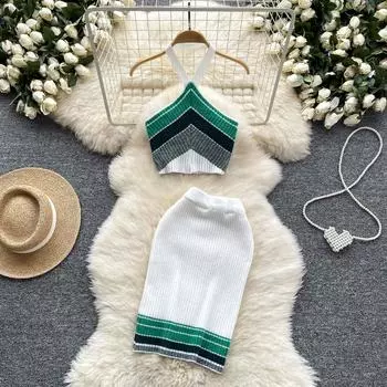 Летний женский сексуальный вязаный полосатый свитер, топы с бретельками, жилет и мини-короткая облегающая юбка-футляр, комплект из двух предметов One Size белый