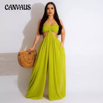 Летний женский шифоновый комбинезон с запахом и открытой спиной, широкие штанины, больших размеров S чёрный