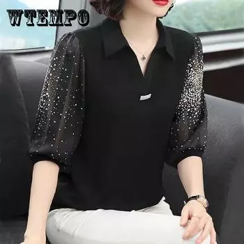 Летний женский шифоновый топ, кружевной топ в горошек, свободный большой размер с V-образным вырезом XXXXXXL чёрный