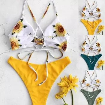 Летний женский сплит-бикини, комплект из двух частей, сексуальный купальник с открытой спиной, купальник с принтом подсолнечника S зелёный