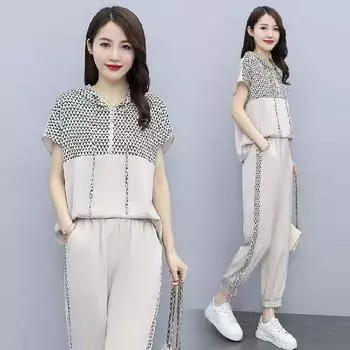 Летний женский спортивный костюм с короткими рукавами для отдыха, бега, короткая свободная футболка, укороченные брюки, комплекты из двух предметов, спортивная одежда S бежевый