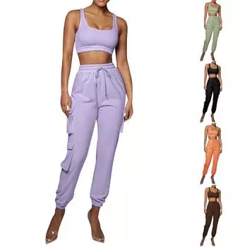 Летний женский спортивный жилет с однотонной строчкой, повседневный эластичный пояс, спортивные брюки с карманами и шнурком, уличный стиль, свободный комплект из двух предметов XL фиолетовый