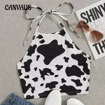 Летний женский спортивный жилет со шнуровкой на шее и принтом коровы, с запахом на груди и открытой спиной S белый