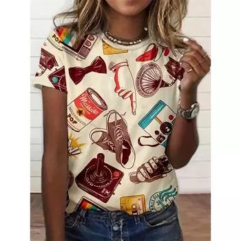 Летний женский свитер в стиле минимализма, повседневный топ с круглым вырезом и короткими рукавами, модная футболка с напечатанным узором в стиле Харадзюку XXS