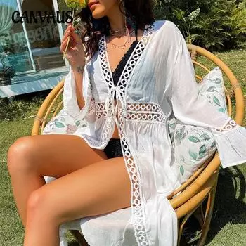 Летний женский свободный повседневный длинный солнцезащитный кардиган, бикини, пляжные накидки One Size белый