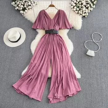 Летний женский темпераментный комбинезон с v-образным вырезом и оборками на талии, тонкий плиссированный комбинезон, модный комбинезон с широкими брюками и высокой талией One Size чёрный